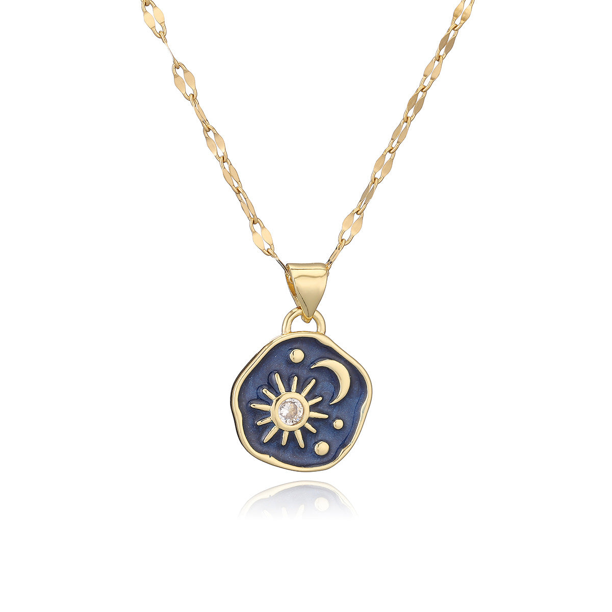 Collar con colgante minimalista geométrico de sol, luna y estrella para mujer con acabado de esmalte y base de cobre