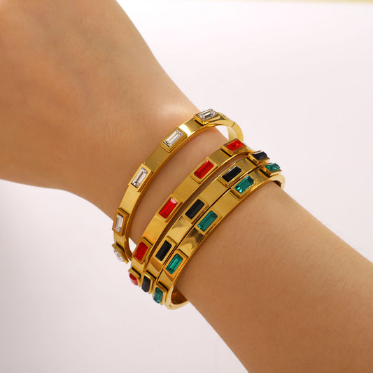 Bracciale Vintage in Acciaio Inox con Strass Geometrici Quadrati e Placcatura Sottovuoto in Oro 18K
