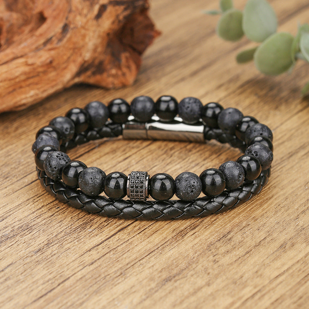 Hip-hop Round Leather Handmade Braided Multi-layer Bracelet with Magnetic Clasp