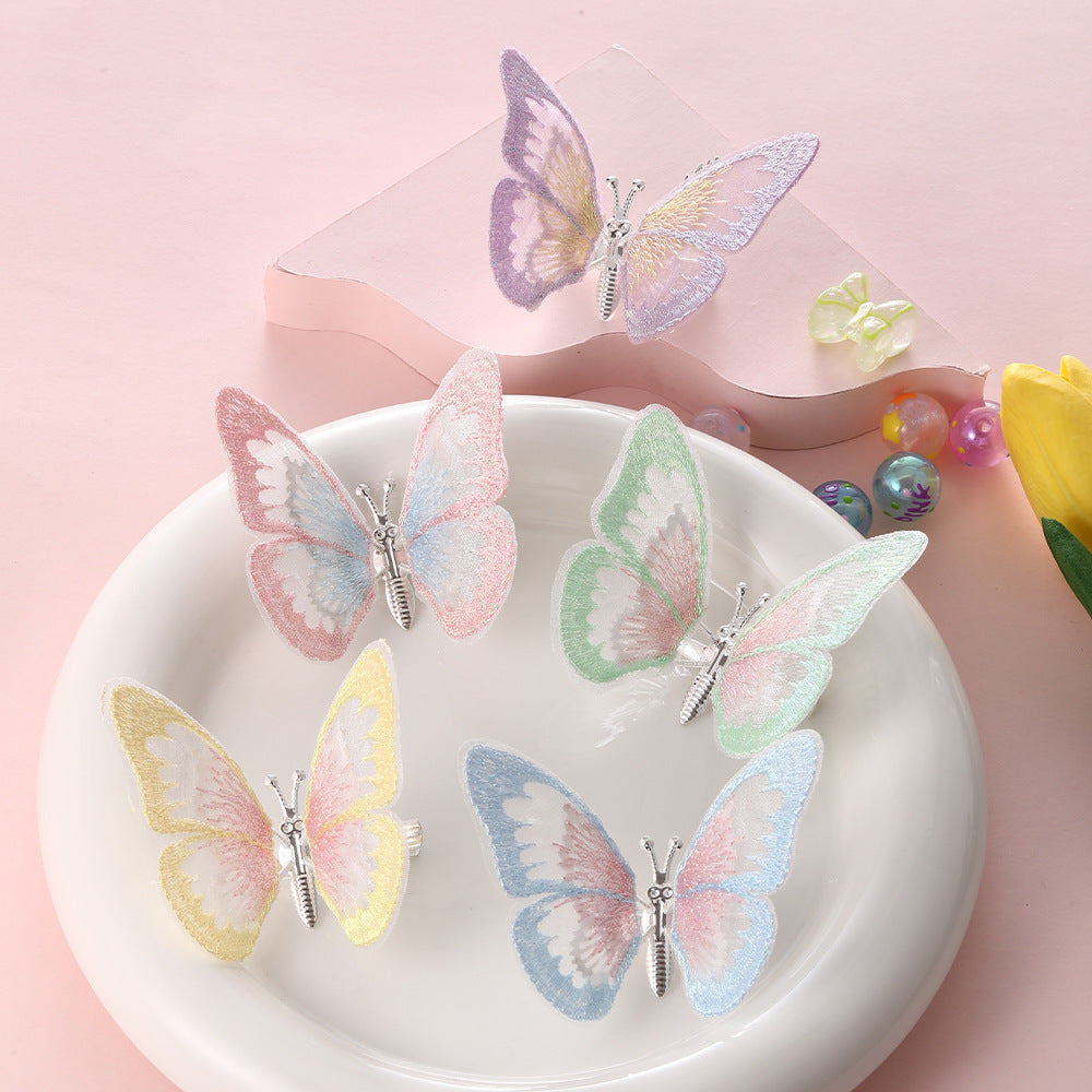 Fermaglio per capelli a farfalla dolce per bambini Fermaglio ricamato a mano in tessuto con ali mobili Accessorio laterale per capelli in stile principessa