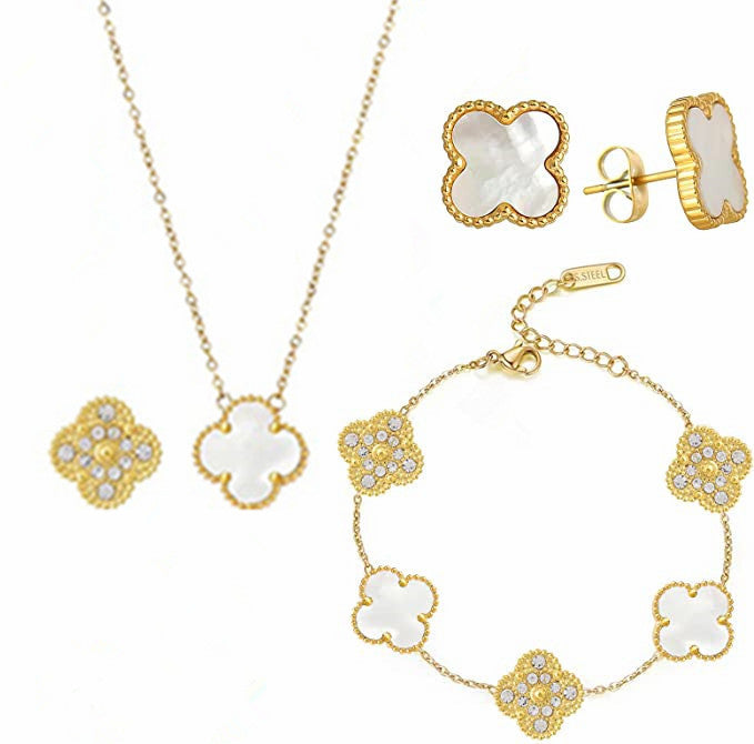 Pulsera Minimalista de Acero de Titanio con Forma de Trébol para Mujer con Baño de Oro e Incrustaciones de Nácar