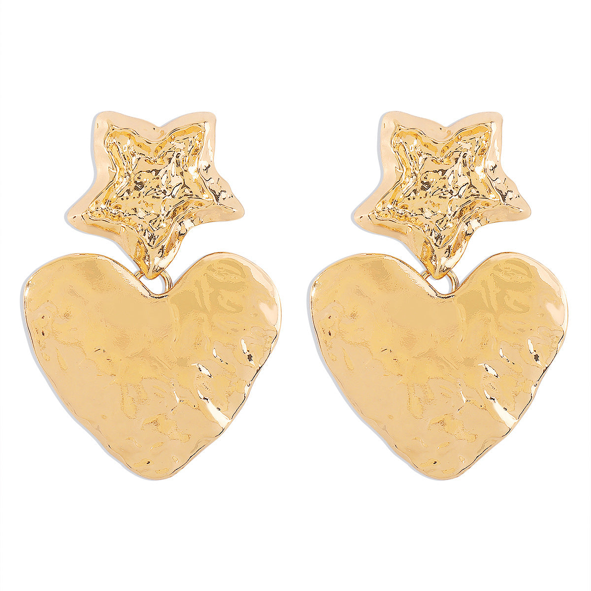 Pendientes de Aleación Geométrica en Forma de Corazón Retro con Motivo de Estrella y Superficie Irregular de Papel de Aluminio, Joyería de Oreja Electrochapada de Inspiración Punk para Mujer