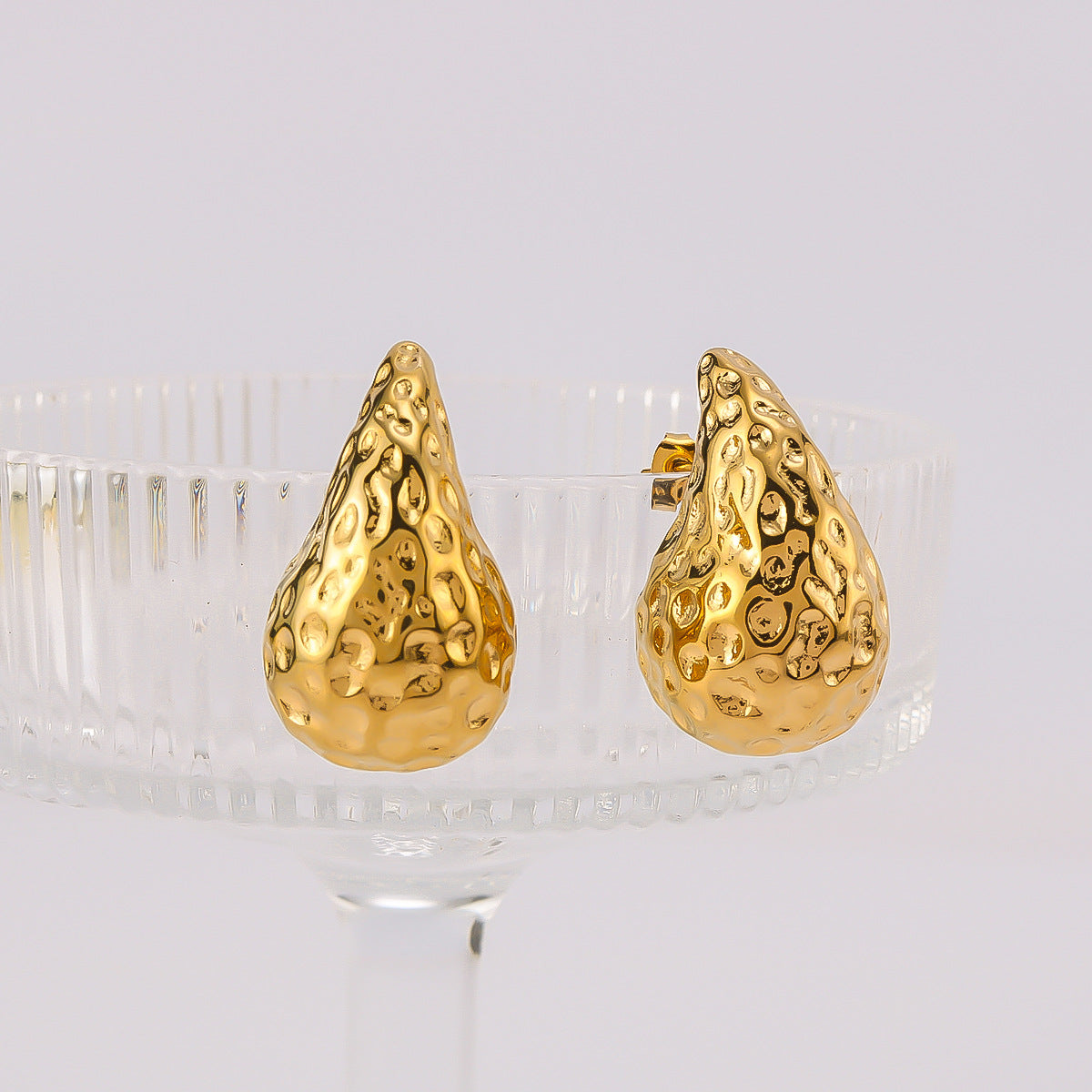 Vintage Stainless Steel Hammered Texture Hollow Drip-Shaped Earrings with 18K Gold Plating for Women