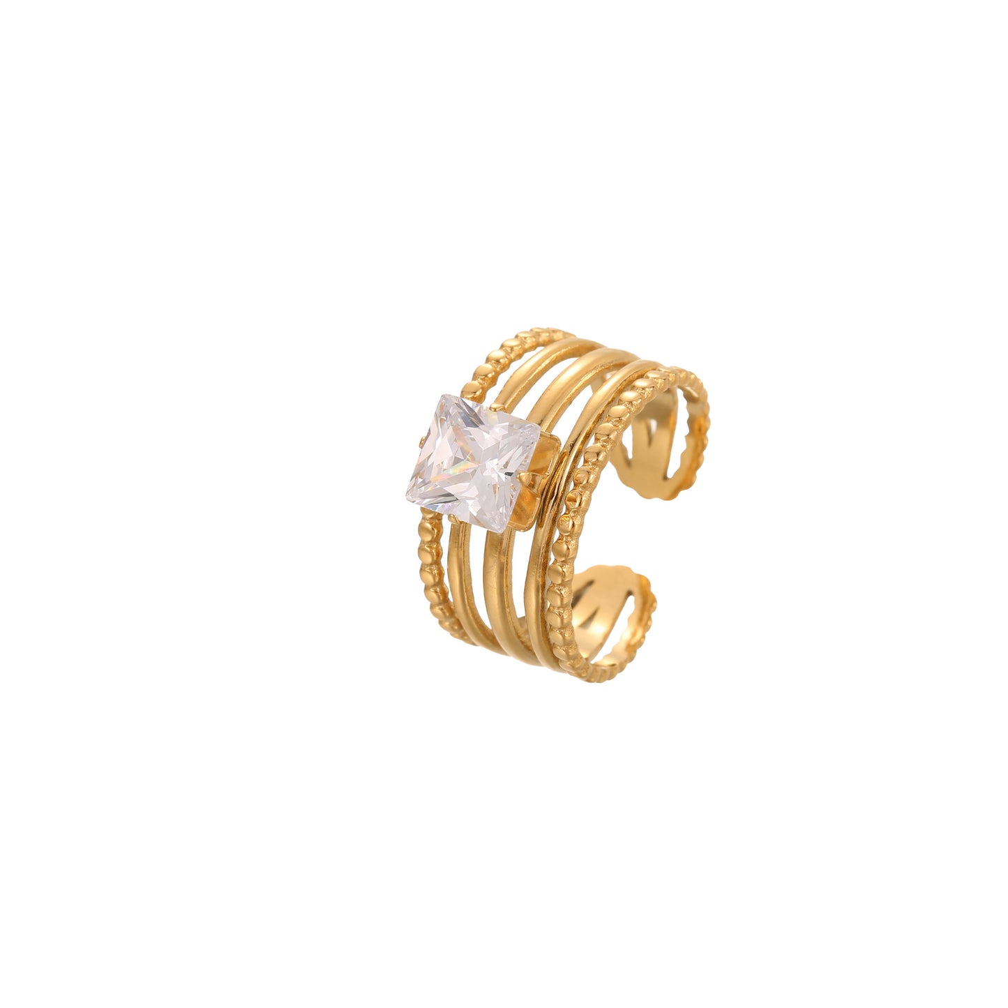 Luxury Geometric Stainless Steel Ring with Zircon Inlay and 18K Gold Plating Adjustable Women's Fashion Ring