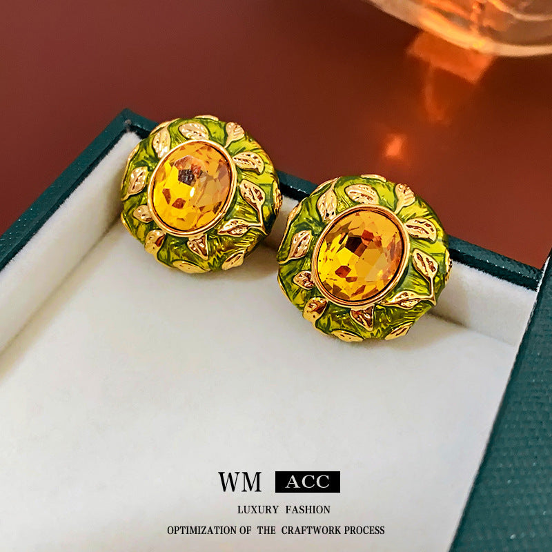 Vintage Floral Earrings with Rhinestone Inlay on Copper Base Electroplated Silver-Plated Stainless Steel Posts for Women