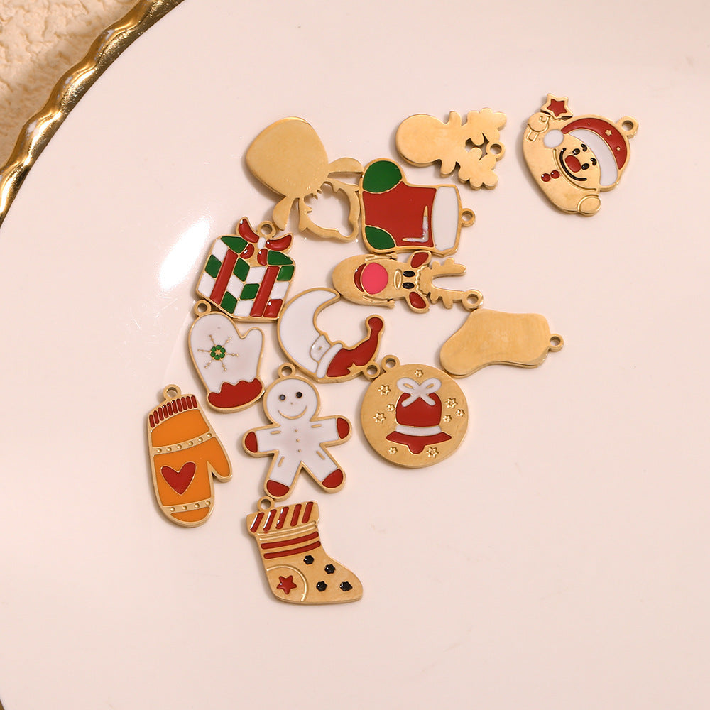 Cute Cartoon Christmas Santa Elk Reindeer Pendant with Stainless Steel Base Plated in 14K Gold and Enamel Finish for Holiday Season