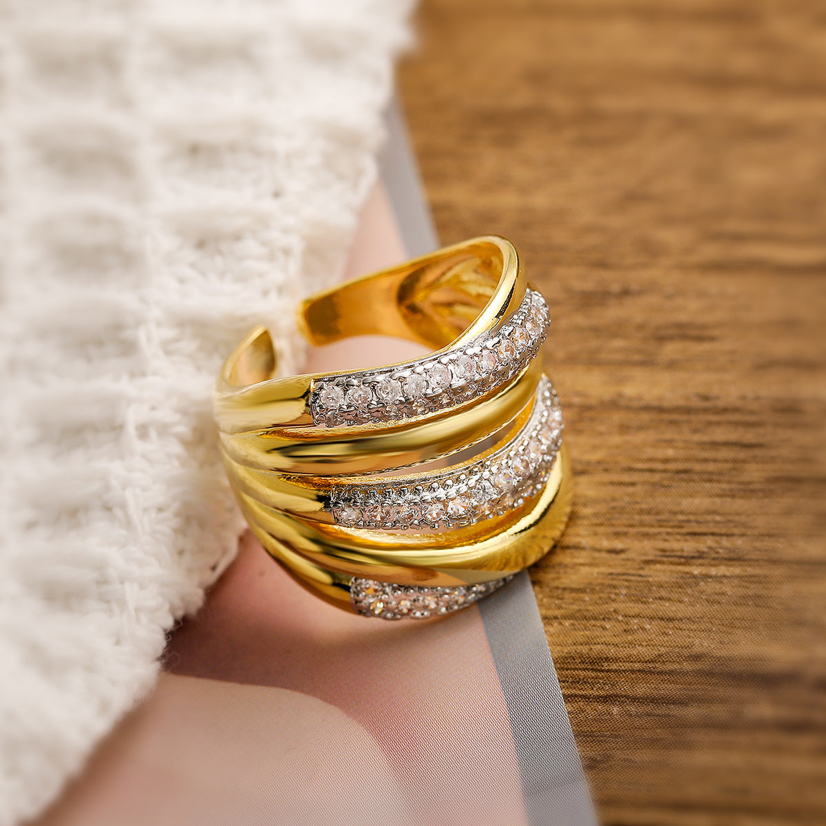 Minimalist Luxury Geometric Gold Plated Brass Ring with Cubic Zirconia for Women