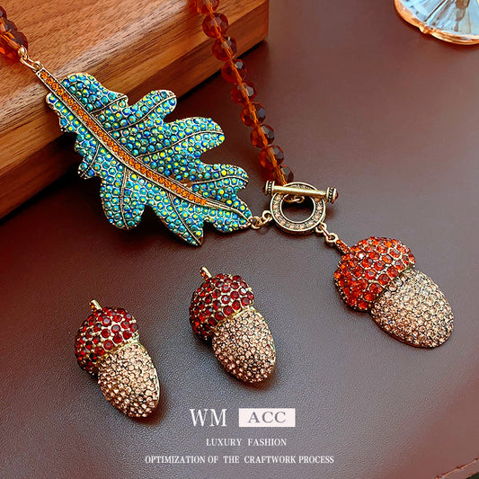 Vintage Pineapple Pendant Necklace Set with Rhinestone Inlay in Alloy for Women Featuring Clavicle Chain and Matching Earrings