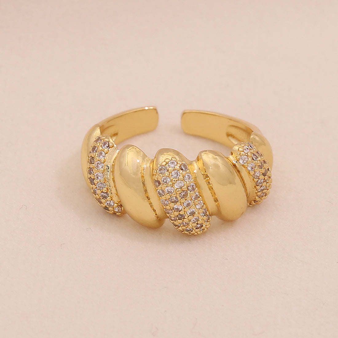 Fashionable Geometric Women's Adjustable Ring in Copper with Zircon Inlay and Linear Design