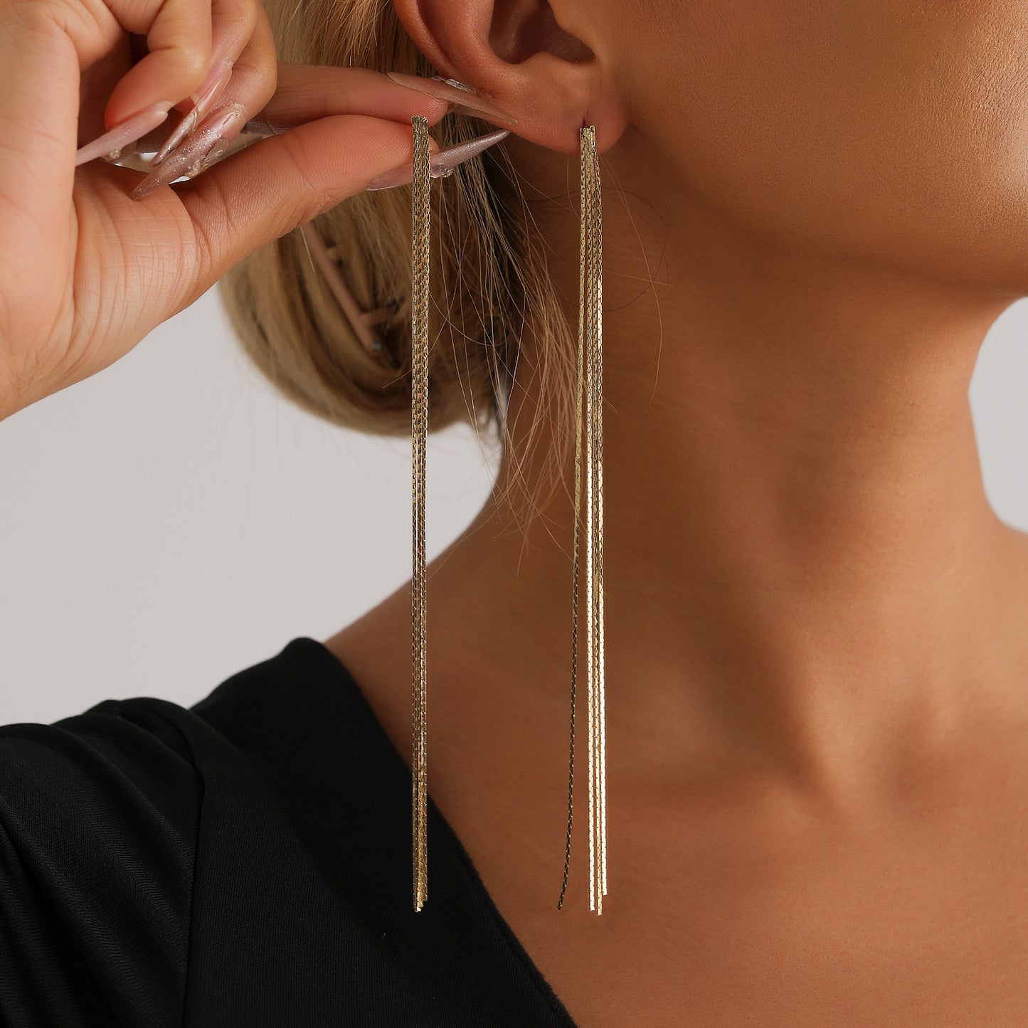 Vintage Geometric Long Fringe Dangle Stud Earrings for Women in Plated Metal