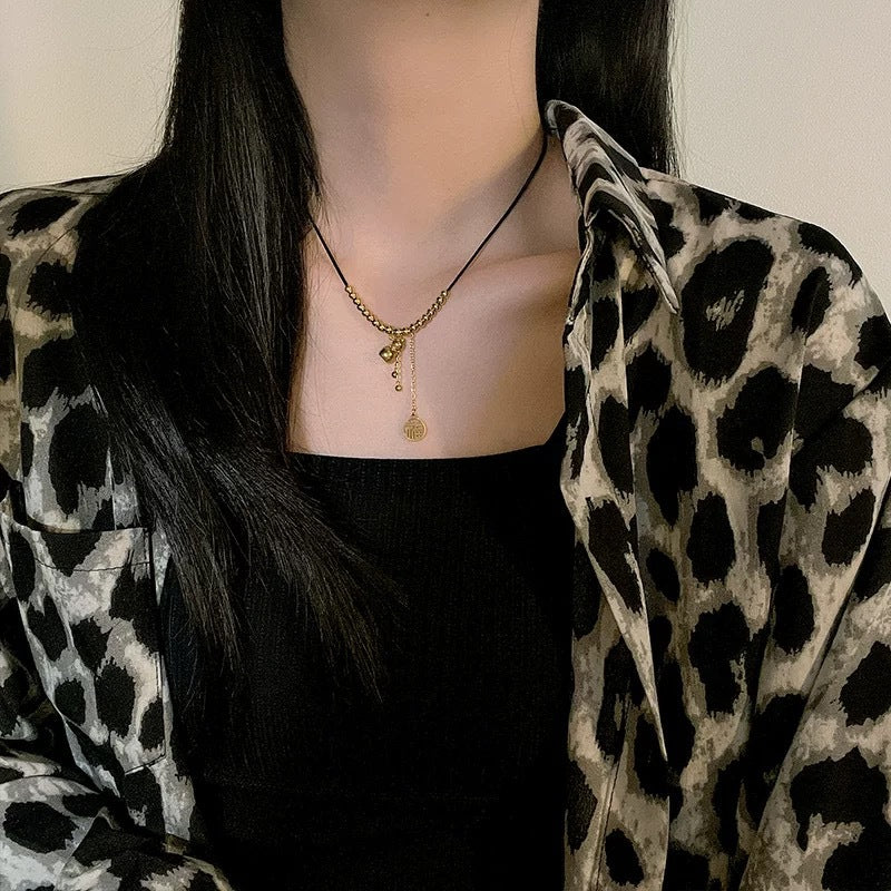Minimalist Gold Plated Titanium Steel Fu Character Gourd Tassel Necklace for Unisex