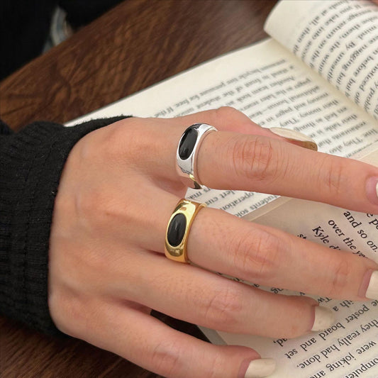 Anello minimalist ovale geometrico in agata nera di bambù, in argento sterling 925, da donna