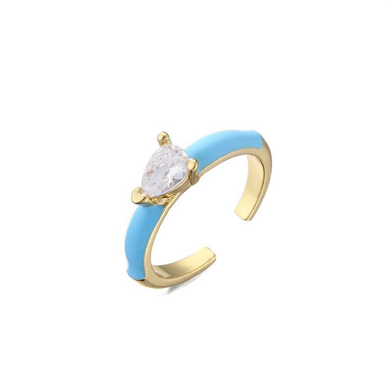 18K Gold Plated Brass Teardrop Geometric Ring with Cubic Zirconia and Drip Oil for Women