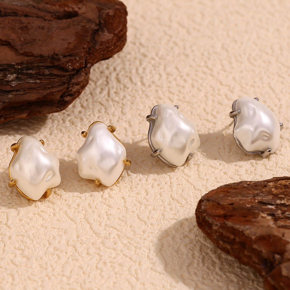 Vintage Baroque Style Geometric Stainless Steel Earrings with 18K Gold Plating and Simulated Pearl Accents for Women