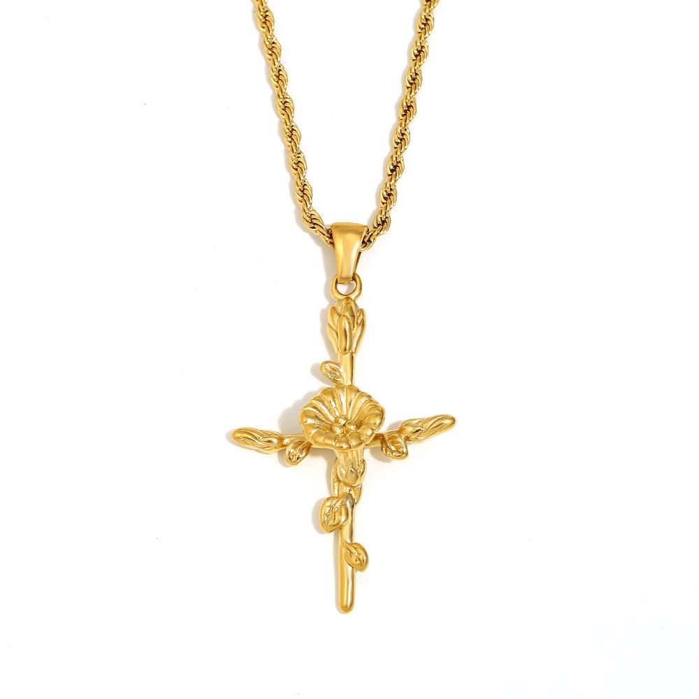 Vintage French-Style Floral Pendant Necklace in Stainless Steel with 18K Gold Plating for Women