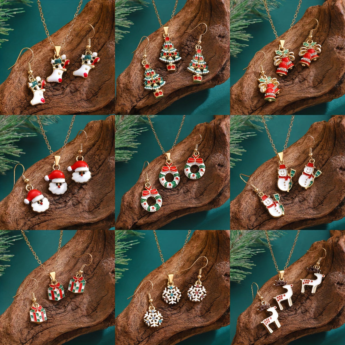 Conjunto de collar y pendientes con temática navideña para mujer, colgante de aleación con motivos de copo de nieve, Papá Noel y campana, joyería festiva minimalista electrochapada