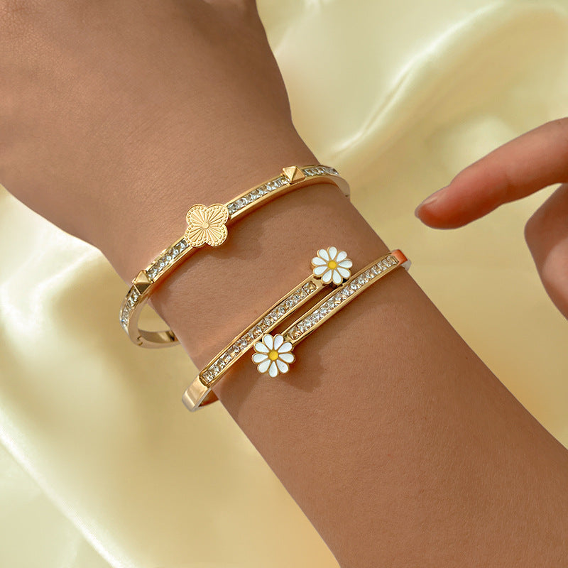 Vintage Diamond Floral Plated Titanium Steel Cuff Bracelet for Women