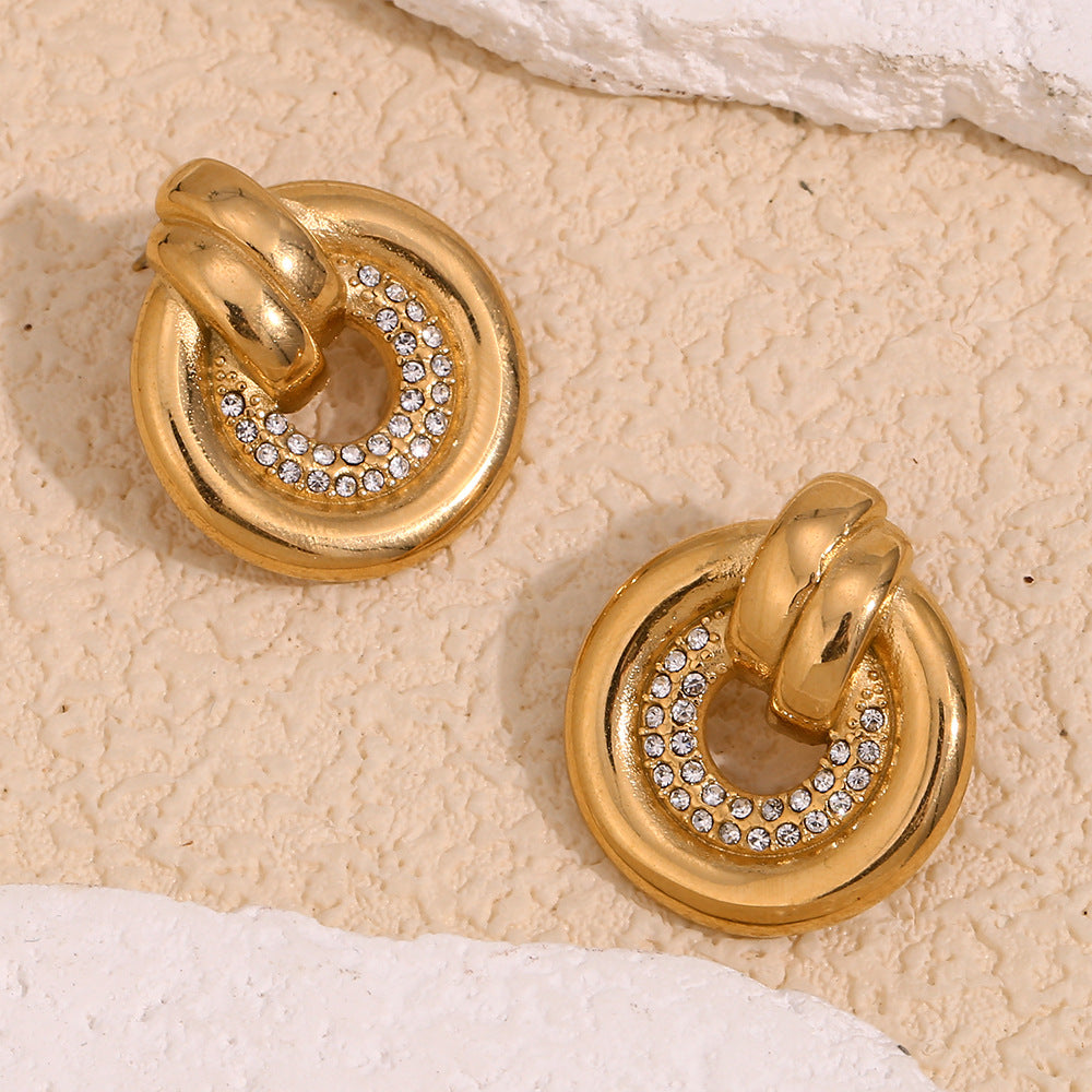 Vintage Elegant 18K Gold Plated Stainless Steel Round Geometric Rhinestone Stud Earrings for Women