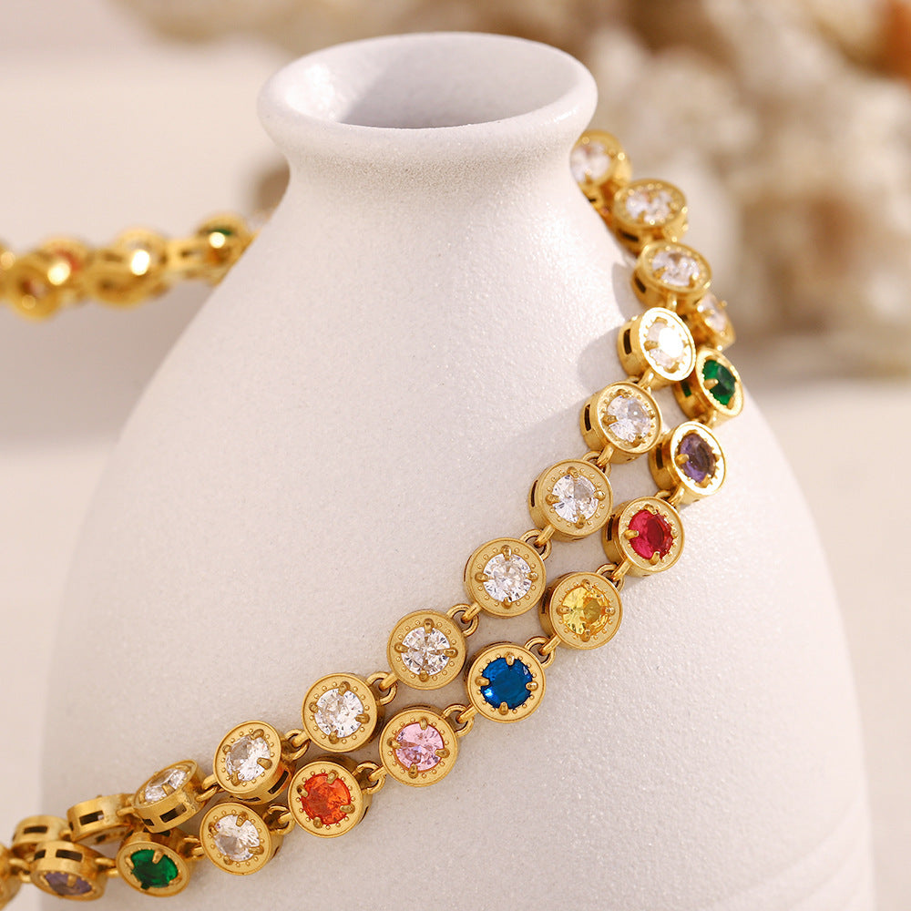 Minimalist Geometric Pendant Necklace and Bracelet Set in Stainless Steel with 18K Gold Plating and White Zircon Accents for Women