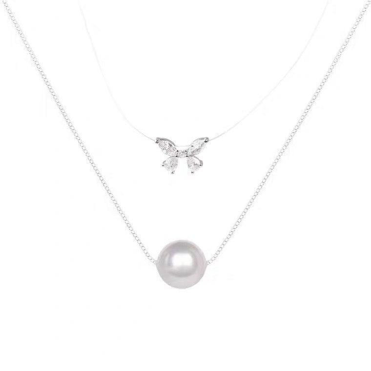Elegant French-Style Double-Layer Butterfly Pendant Necklace for Women Titanium Steel with Gold Plating Geometric Design Locket Chain on Invisible Fishing Line
