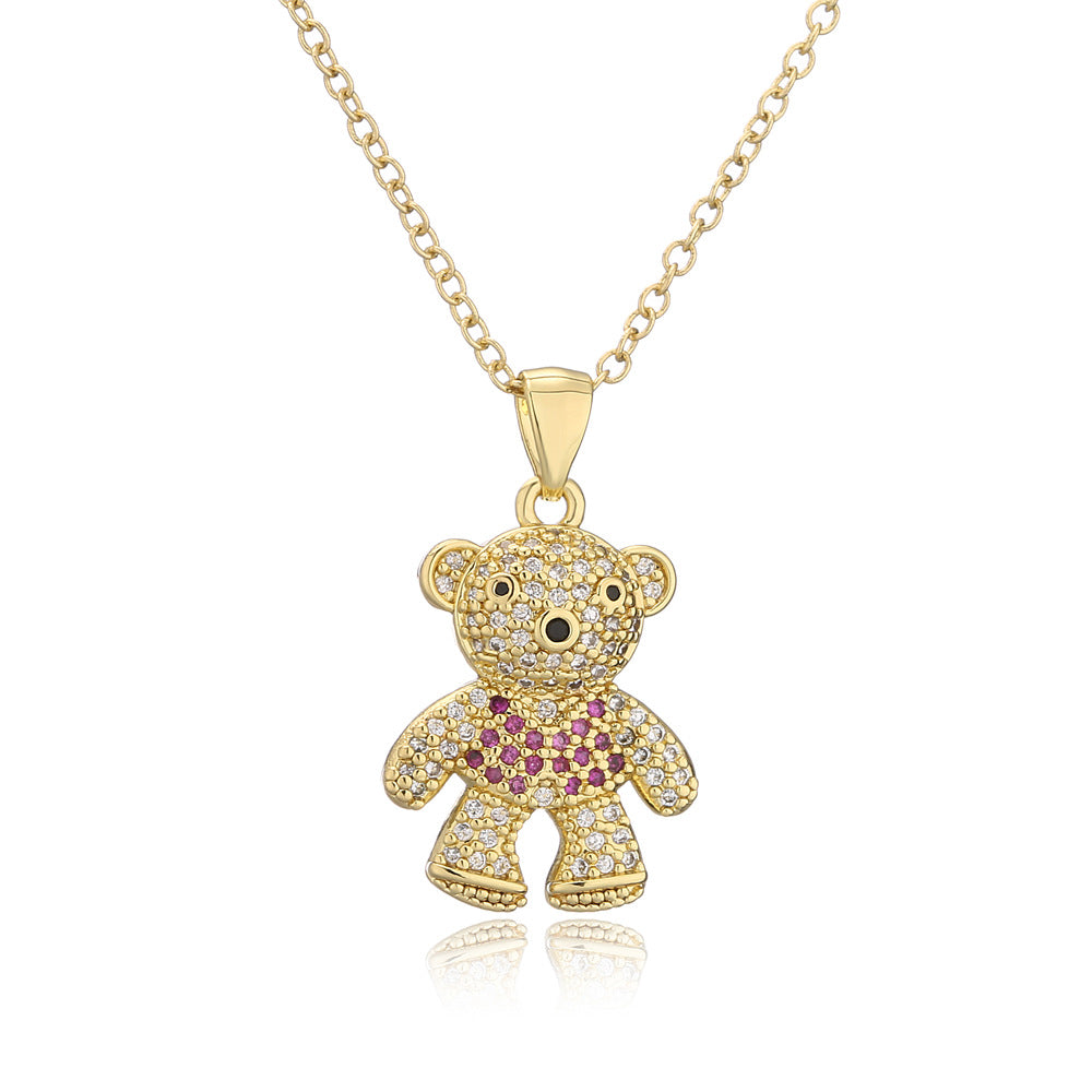 Collana con ciondolo a forma di orsetto per donna in rame con intarsio di zirconi, catena a O, design geometrico
