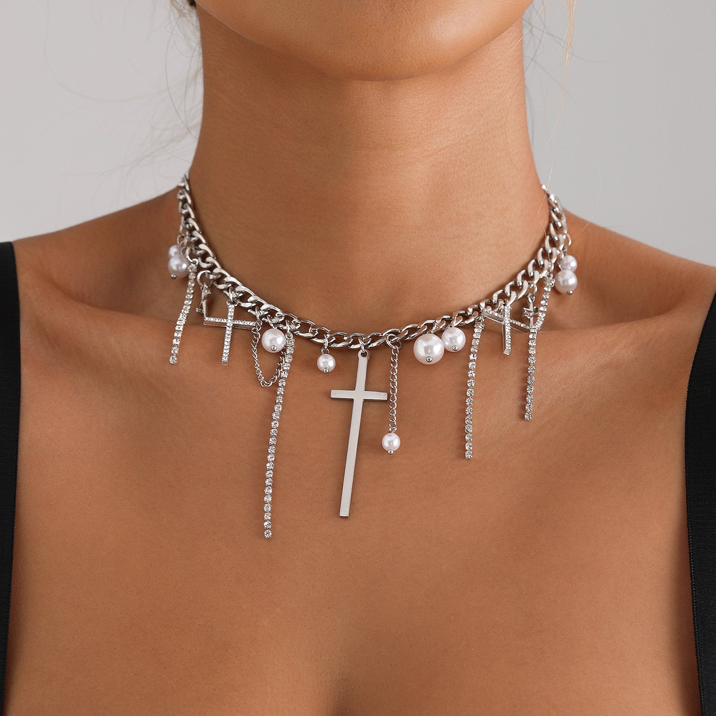 Fashionable Tassel Cross Pendant Necklace for Women in Alloy with Plated Finish and Geometric Design