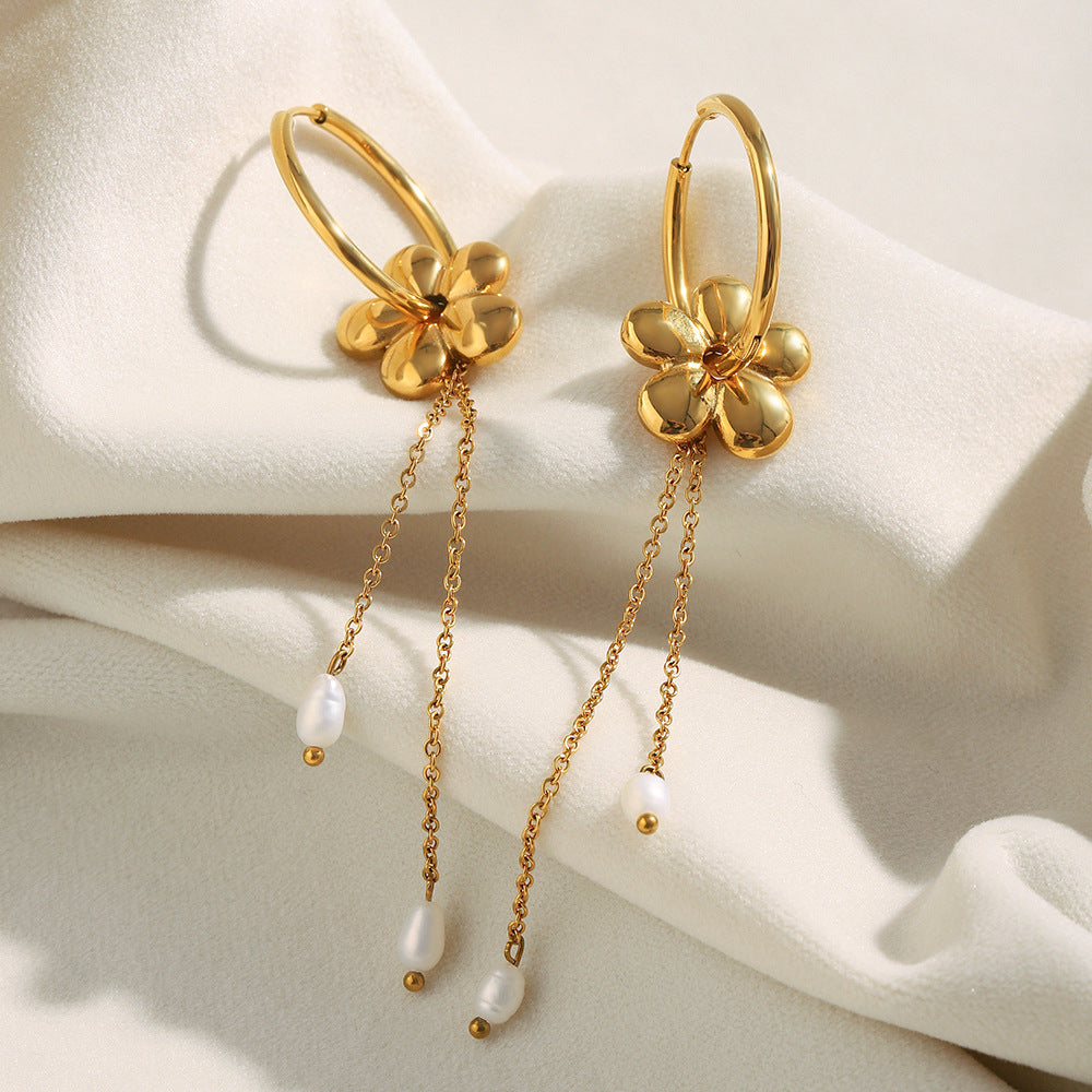 Minimalist Floral Stainless Steel Earrings with 18K Gold Plating, Pearl and Tassel Accents for Women
