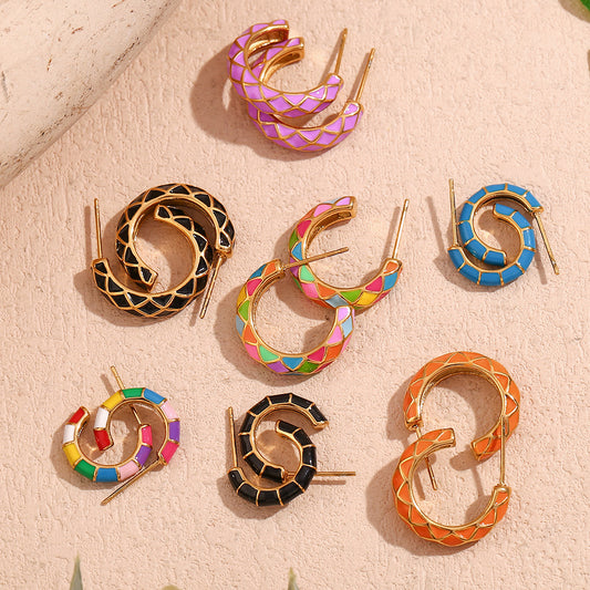 Fashionable Geometric Enamel Stainless Steel Earrings with 18K Gold Plating and Candy-Colored Wheel Design for Women