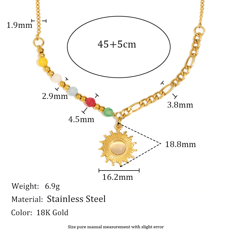 Retro French Style Sun-Shaped Geometric Pendant Necklace in Stainless Steel with 18K Gold Plating and Natural Stone Inlay