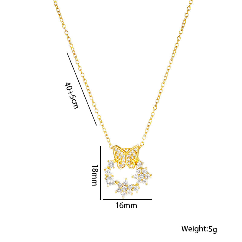 Minimalist Butterfly Bowknot Pendant Necklace in Titanium Steel with Rhinestone Inlay on O-Chain for Women