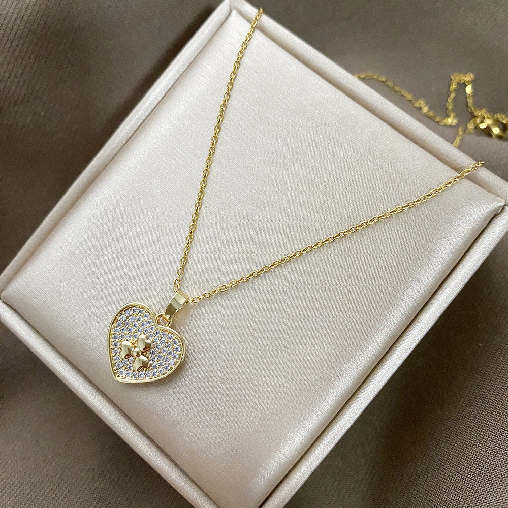 Minimalist Heart-Shaped Titanium Steel Pendant Necklace with Micro-Pavé Rhinestones for Women, Delicate Clavicle Chain with Plated Finish