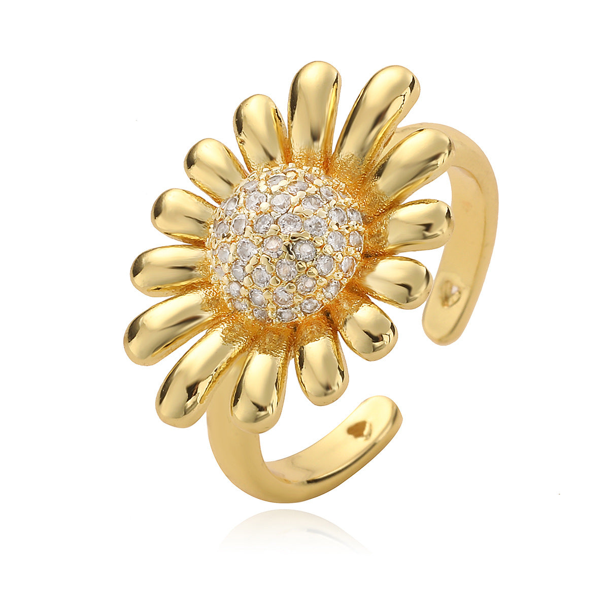 Anello Geometrico da Donna alla Moda a Forma di Girasole in Rame Placcato Oro 18K con Zirconia Micro-Incastonata