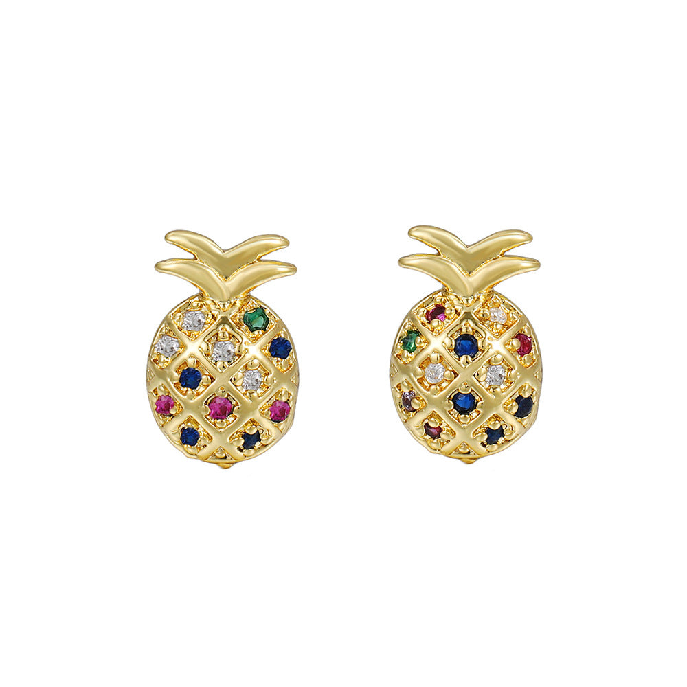 Geometric Plant Brass Inlaid Cubic Zirconia Stud Earrings for Women