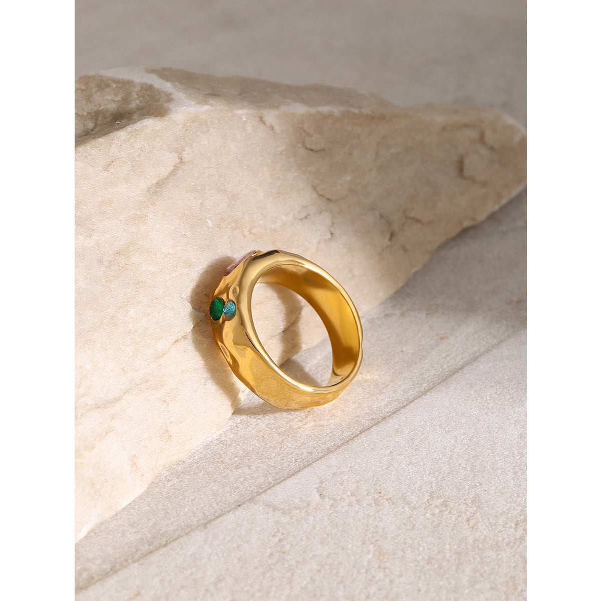 18K Gold Plated Geometric Stainless Steel Ring with Pink Blue and Green Cubic Zirconia