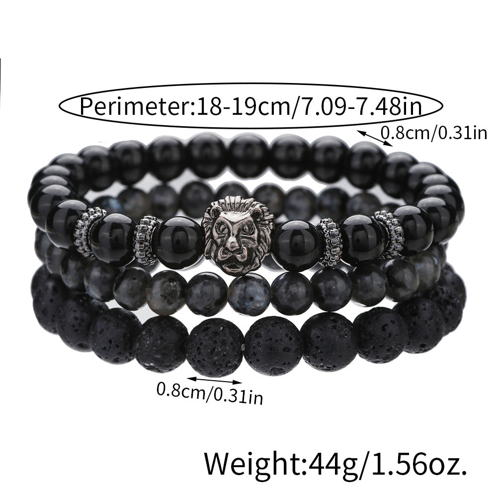 Casual Matte Geometric Round Volcanic Stone and Alloy Beaded Bracelet Set with Lion Head Charm