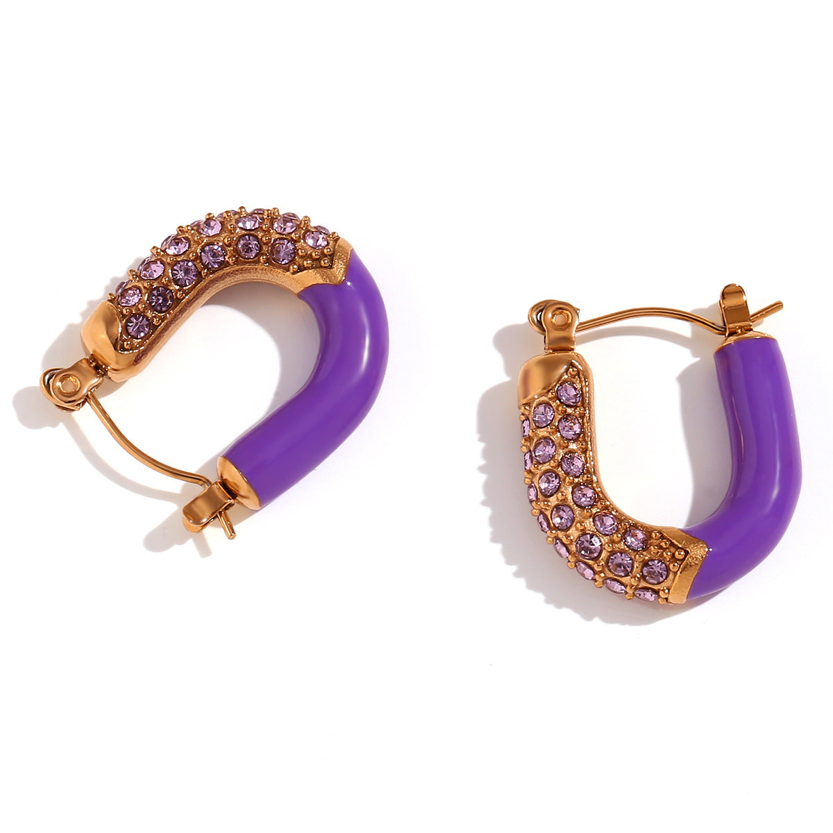 Fashionable Minimalist U-Shaped Stainless Steel Gold-Plated Ear Rings with Micro-Pave Zirconia and Enamel Finish for Women