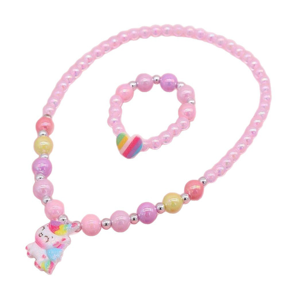 Cartoon Unicorn Pendant Necklace for Kids Made of Resin with Rainbow Dopamine Design on Beaded Chain