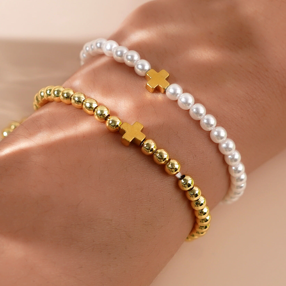 Luxury Elegant Geometric Cross Imitation Pearl Brass Bracelet Set for Women