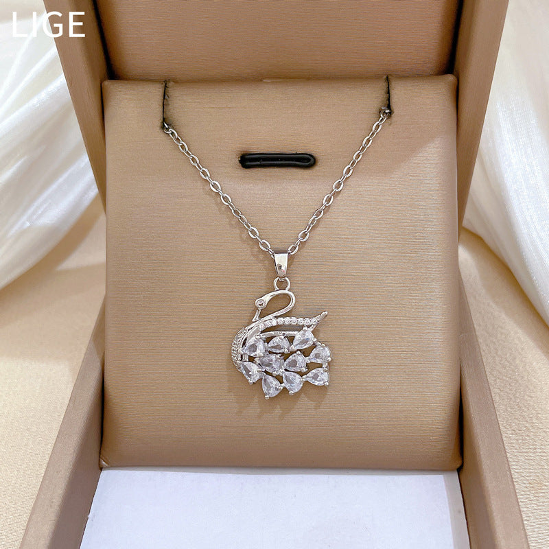Sweet Geometric Rhinestone Swan Pendant Necklace Titanium Steel Cable Chain for Women and Men