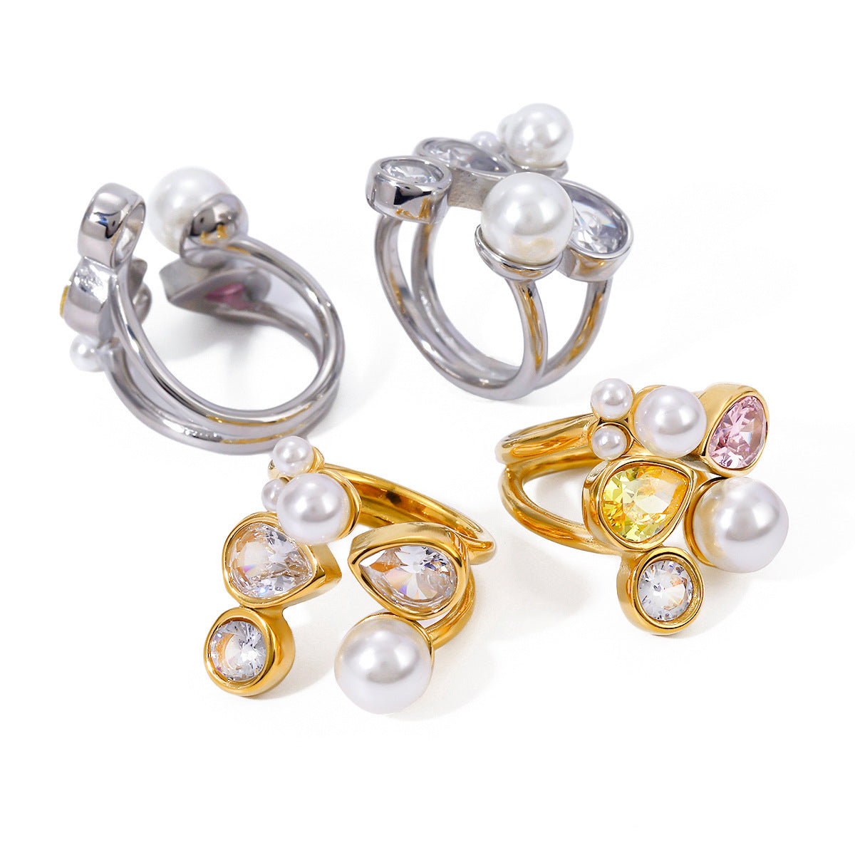 Anello aperto da donna in acciaio inossidabile placcato oro 18 carati con zircone bianco irregolare e perle d'imitazione stile Ins