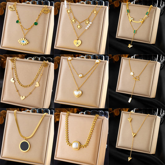 Collana Multistrato Vintage Minimalista Placcata Oro Acciaio Inossidabile Ciondolo Cuore Farfalla Occhio Perla