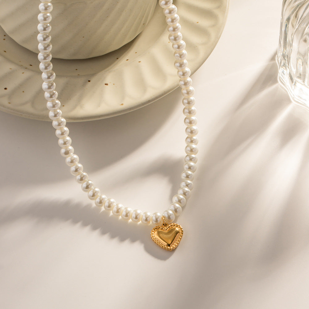 Fashionable 18K Gold Plated Stainless Steel Heart Pearl Pendant Necklace for Women