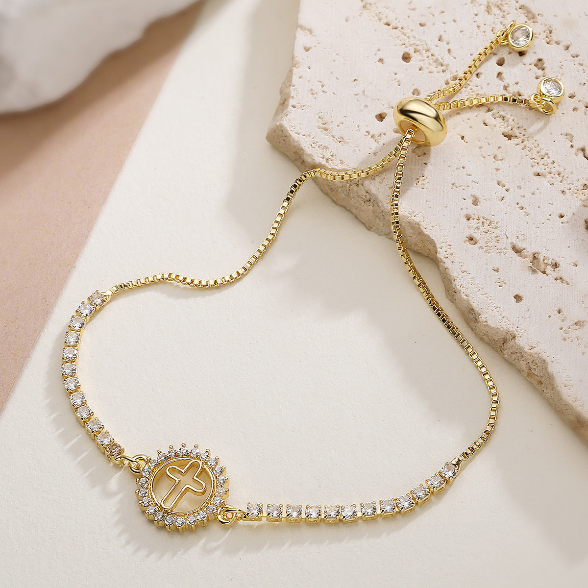 Elegant 18K Gold Plated Brass Geometric Bracelet with Cubic Zirconia Virgin Mary Charm Adjustable Drawstring for Women