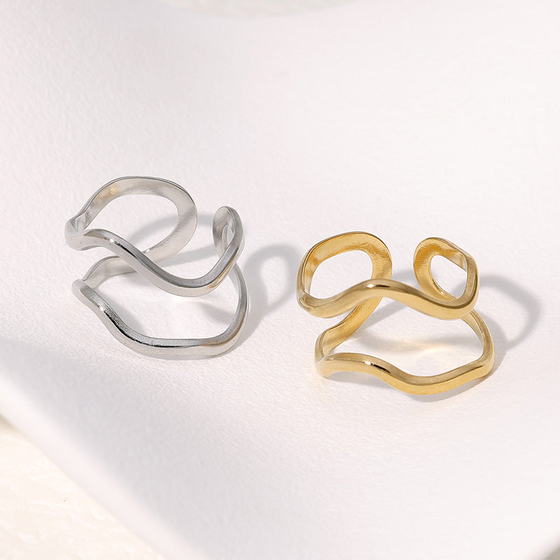 Minimalist Geometric Stainless Steel Open Ring with Asymmetrical Design and Electroplated Finish for Women