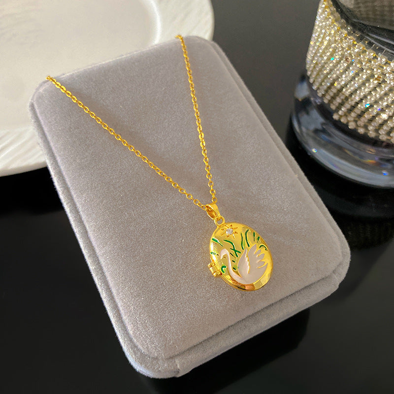Vintage Enamel Drip Oil Oval Heart Brass Pendant Titanium Steel Necklace Cable Chain