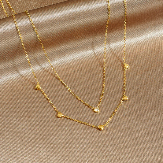 Minimalist Gold Plated Stainless Steel Heart Rhinestone Pendant Layered Necklace for Women