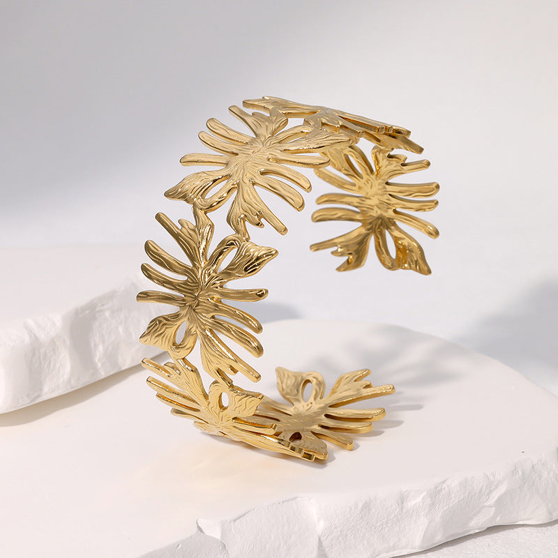 Elegante bracciale vintage da donna in acciaio inossidabile placcato, a foglia irregolare