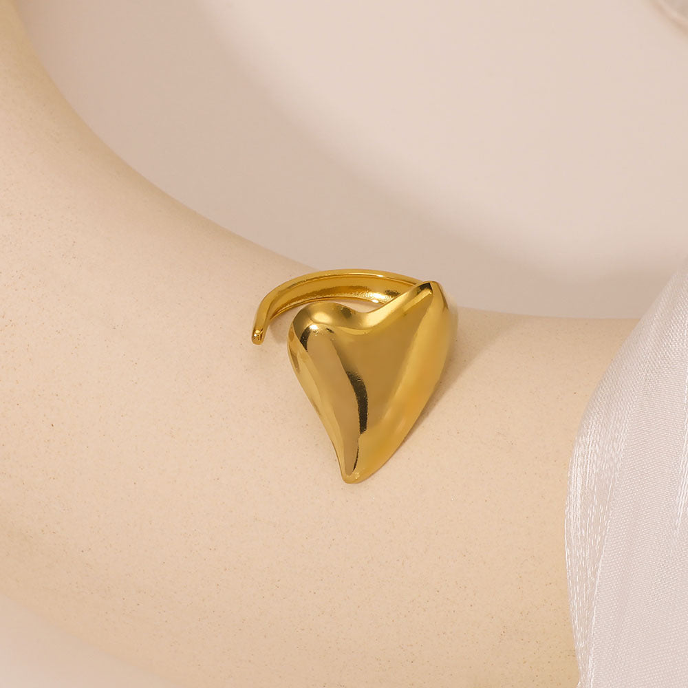 Minimalist Heart-Shaped Stainless Steel Adjustable Open Ring with Polished Finish for Women and Men