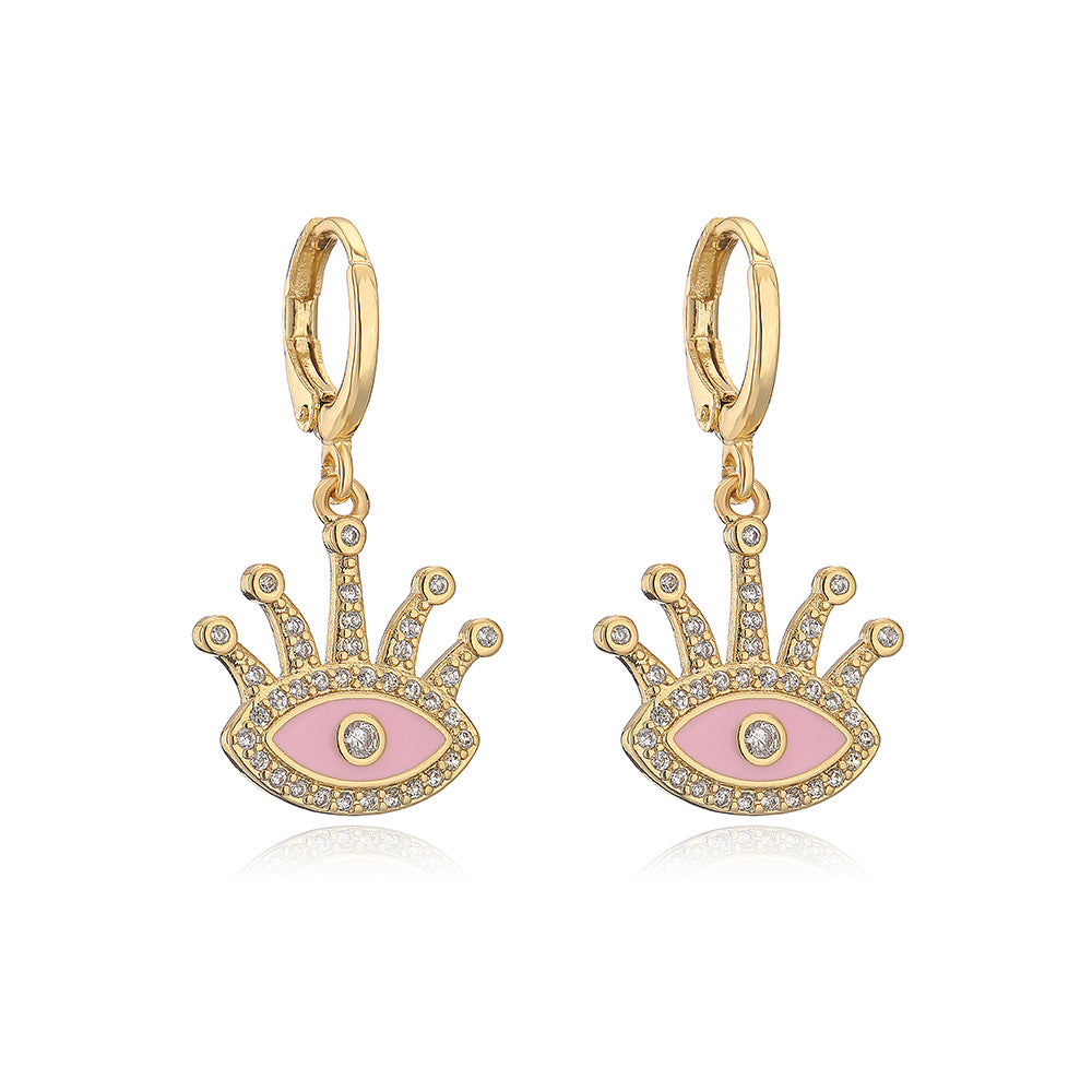 Orecchini da donna geometrici in rame creativo con placcatura in oro vero e dettagli a occhio in zirconia smaltata