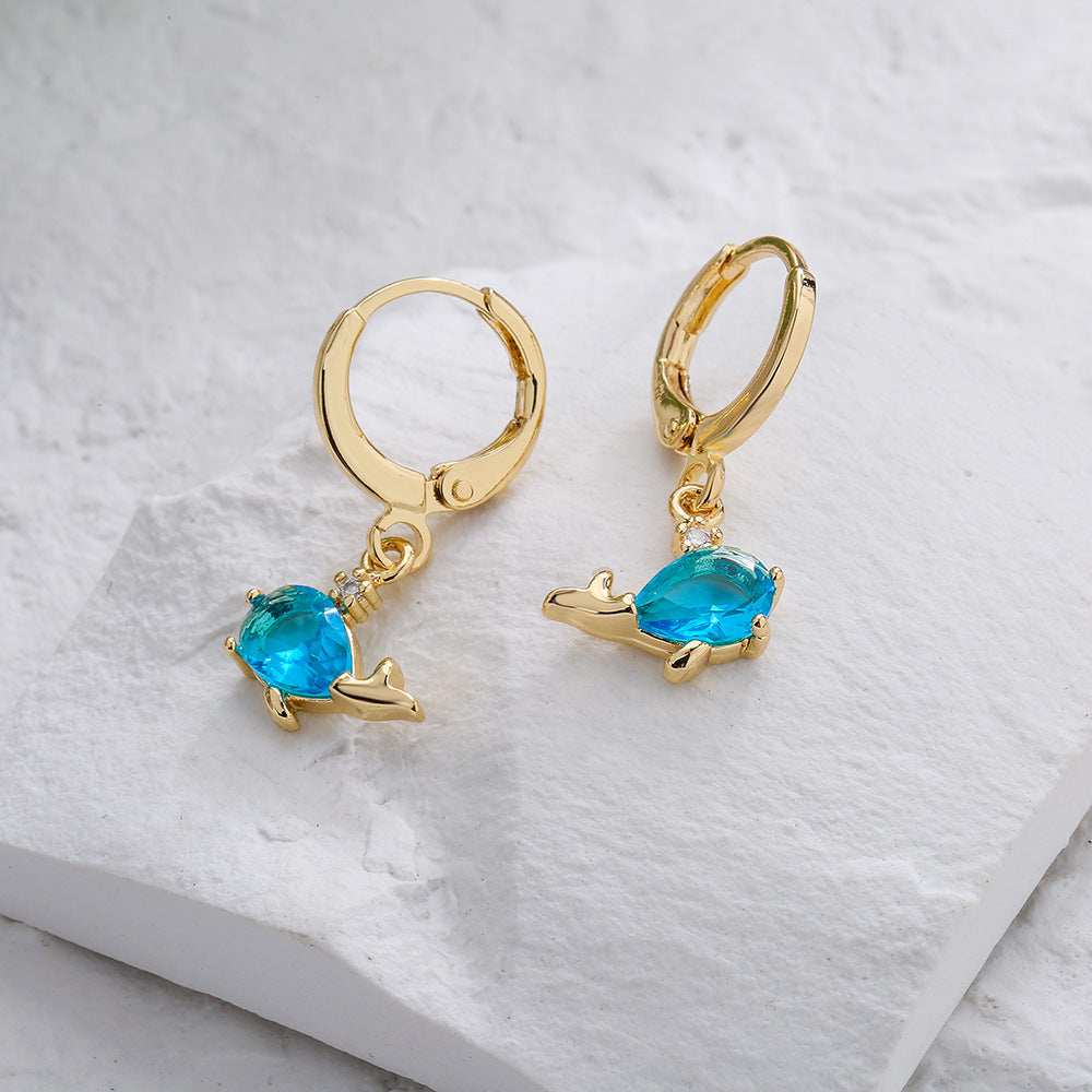 Minimalist Geometric Copper Earrings with Real Gold Plating and Micro-Paved Zirconia Ocean Animal Motifs for Women